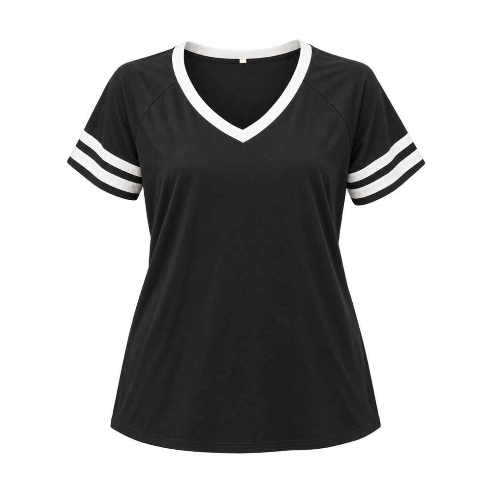 Women's Black and White Varsity-Stripe V-Neck Short-Sleeve Shirt